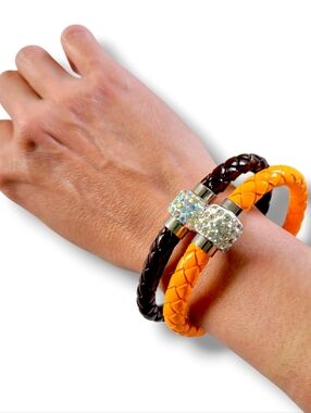 Woven Faux Leather Bracelet Set w/ Pave Crystal Magnetic Clasp [2pc]